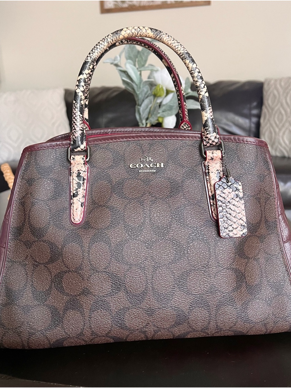 COACH MARGOT Embossed Snake Leather Signature Satchel Dark Brown/Burgundy